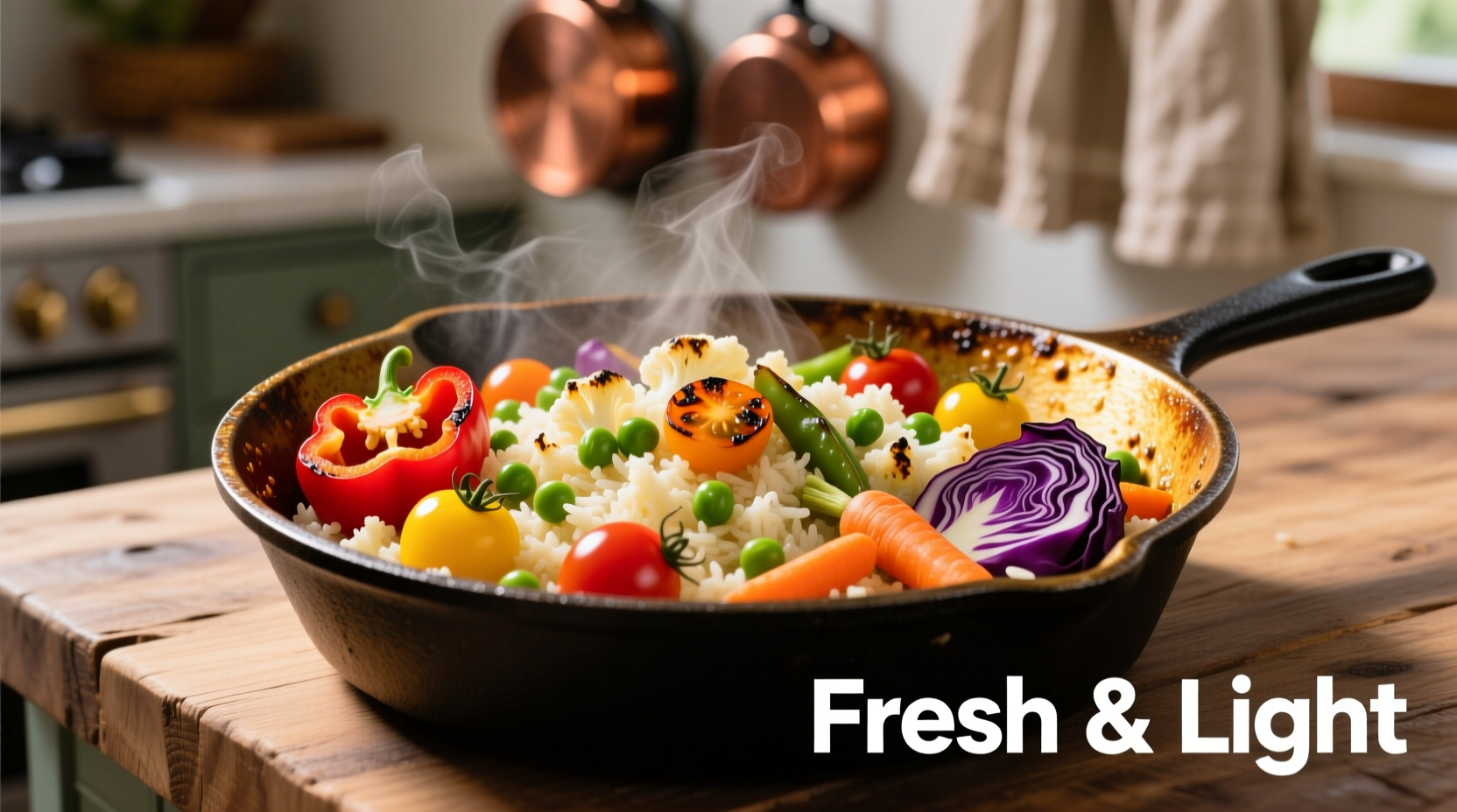 Fresh cauliflower rice in skillet with colorful vegetables