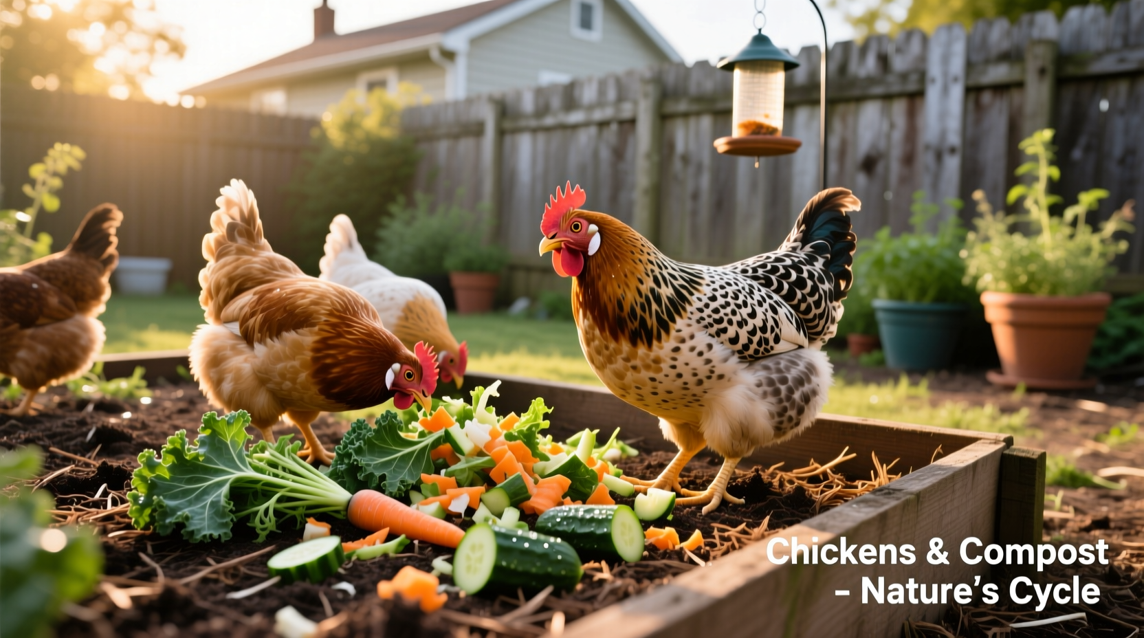Backyard chickens pecking at safe vegetable scraps