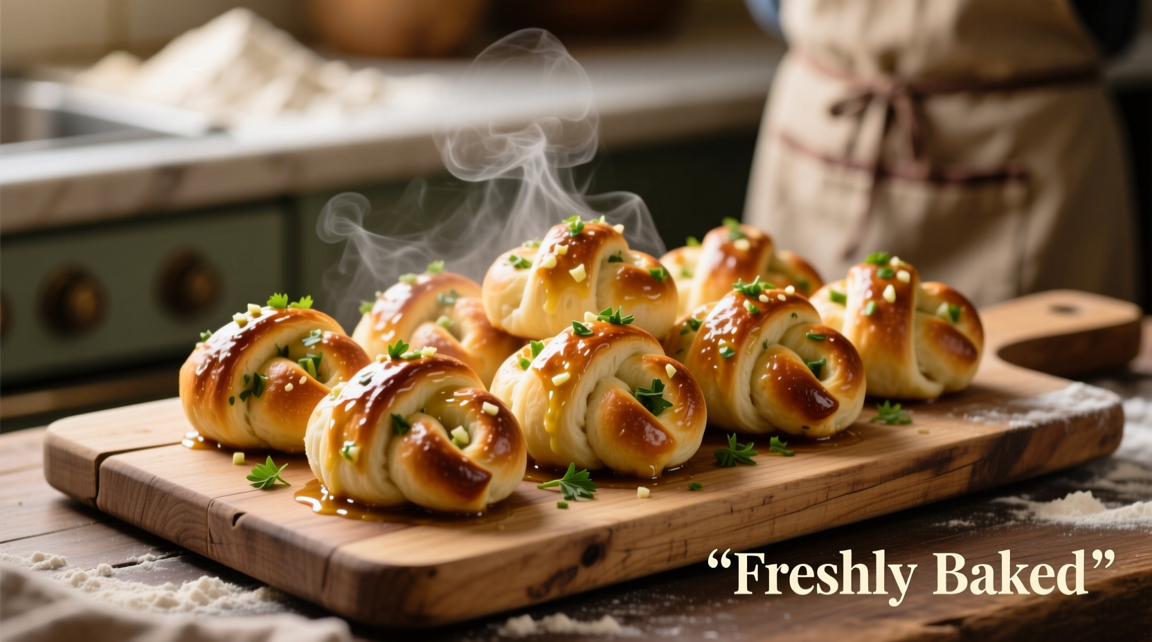 Freshly baked garlic knots on wooden board