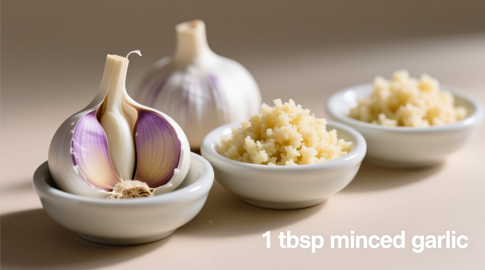 Garlic cloves next to measured minced garlic portions