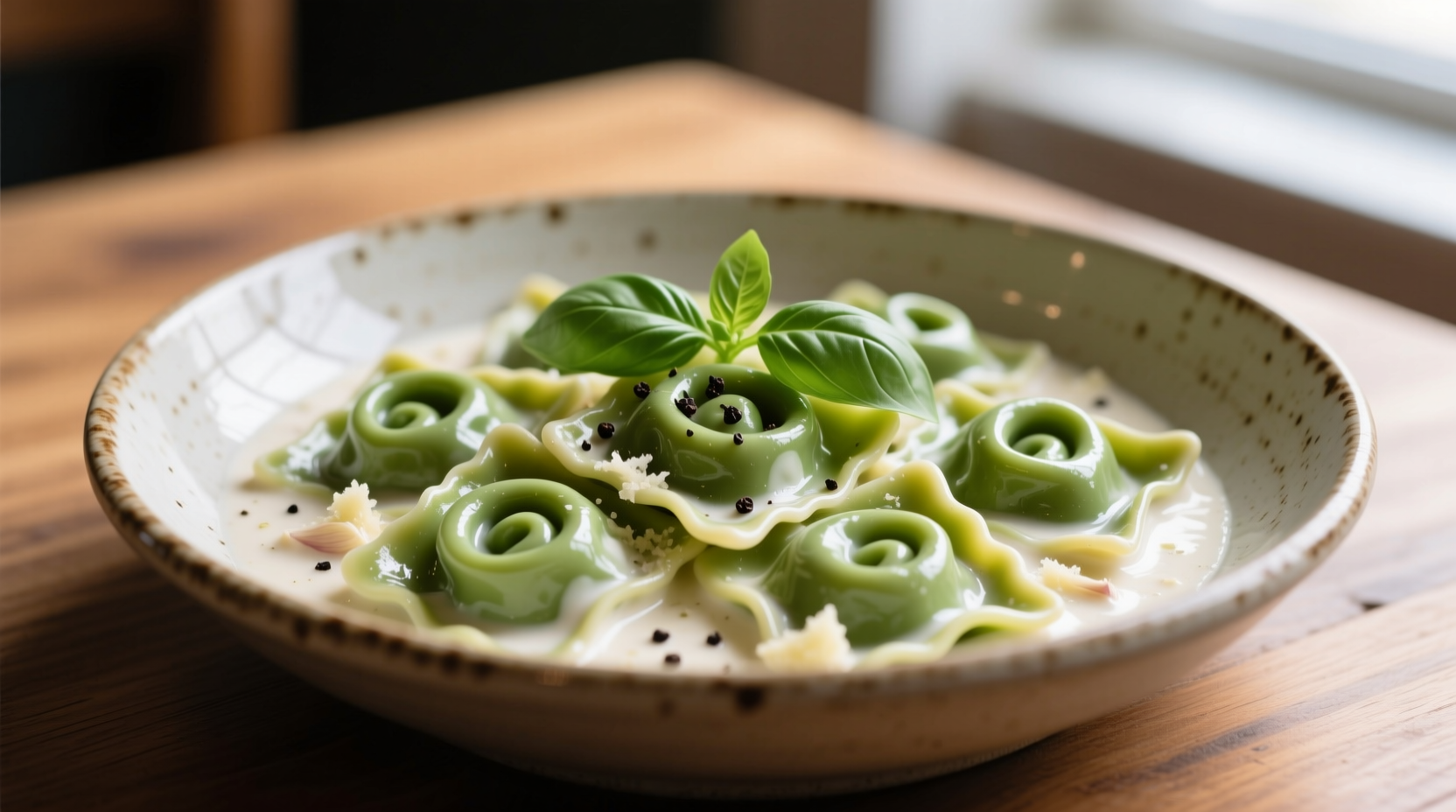 Perfectly cooked spinach tortellini in creamy sauce