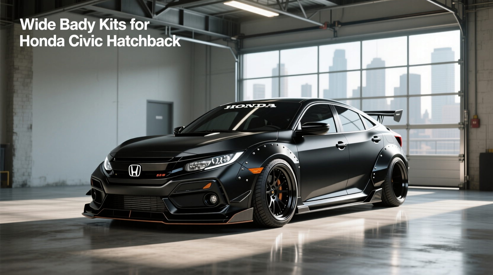 Side view of Honda Civic hatchback with full wide body kit showing extended fenders and matching rear quarter panels