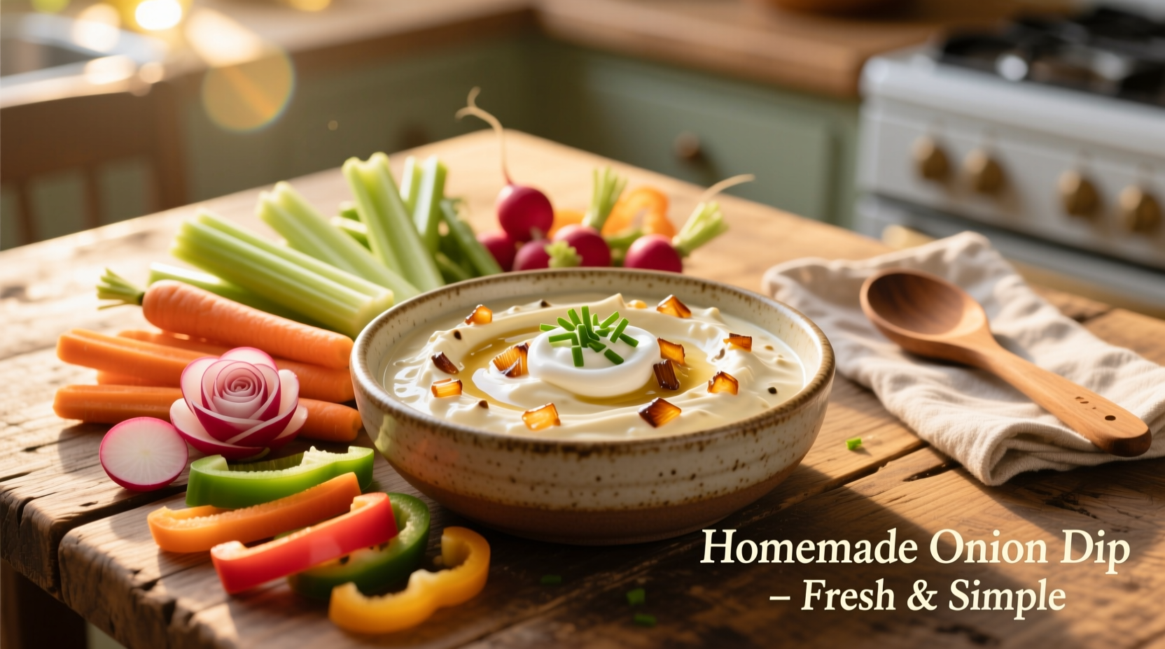 Creamy homemade onion dip in ceramic bowl with vegetable dippers