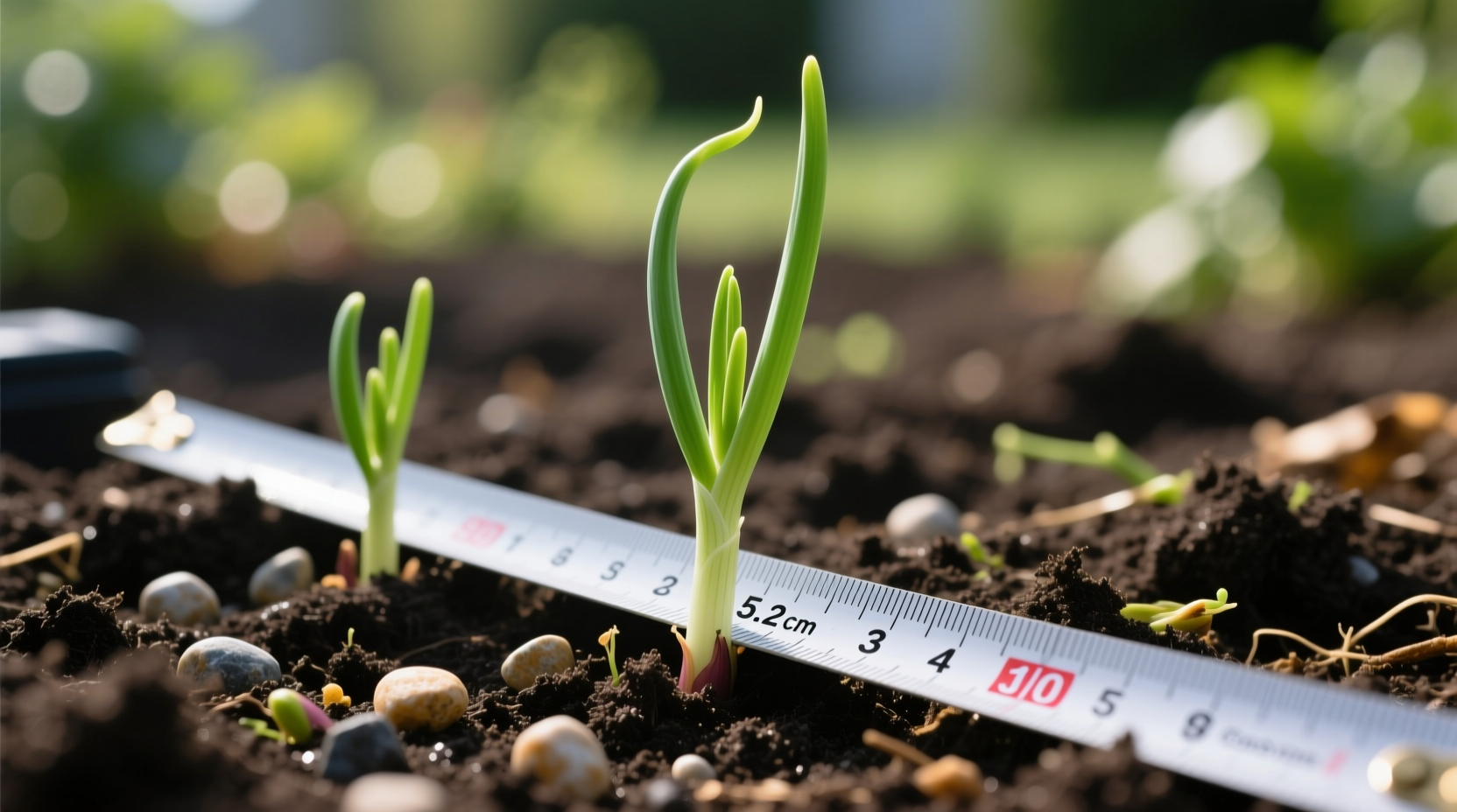 Onion seedlings in garden soil with measuring tape