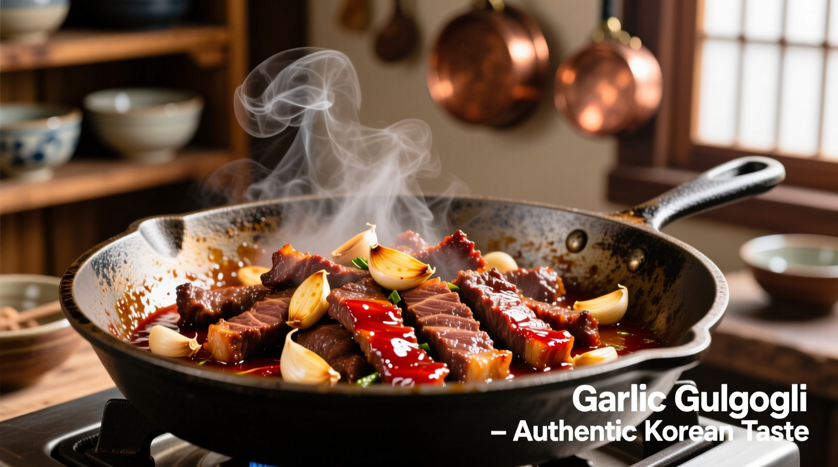 Sizzling garlic bulgogi on cast iron skillet