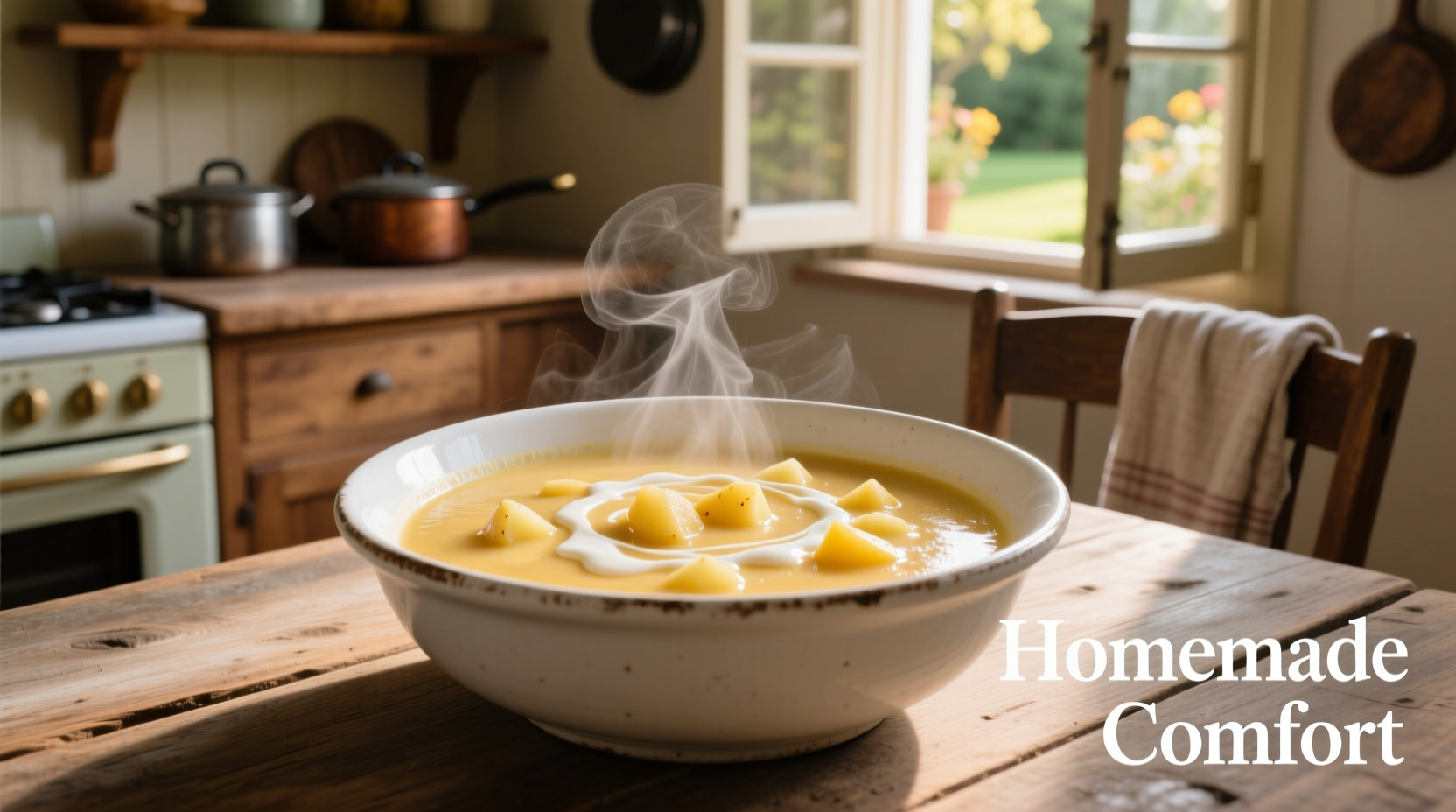 Creamy cheese and potato soup in white bowl