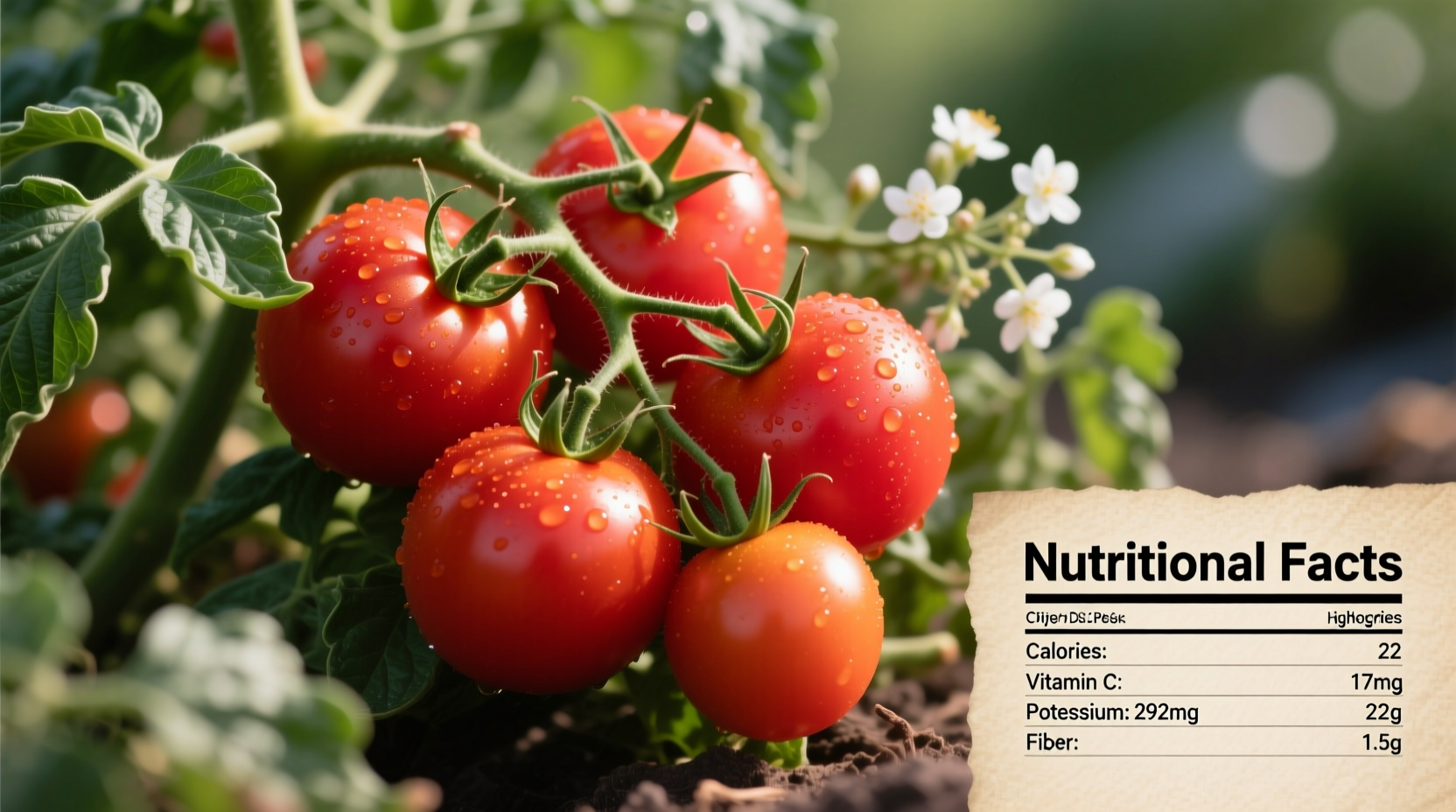 Fresh red tomatoes on vine with nutritional facts