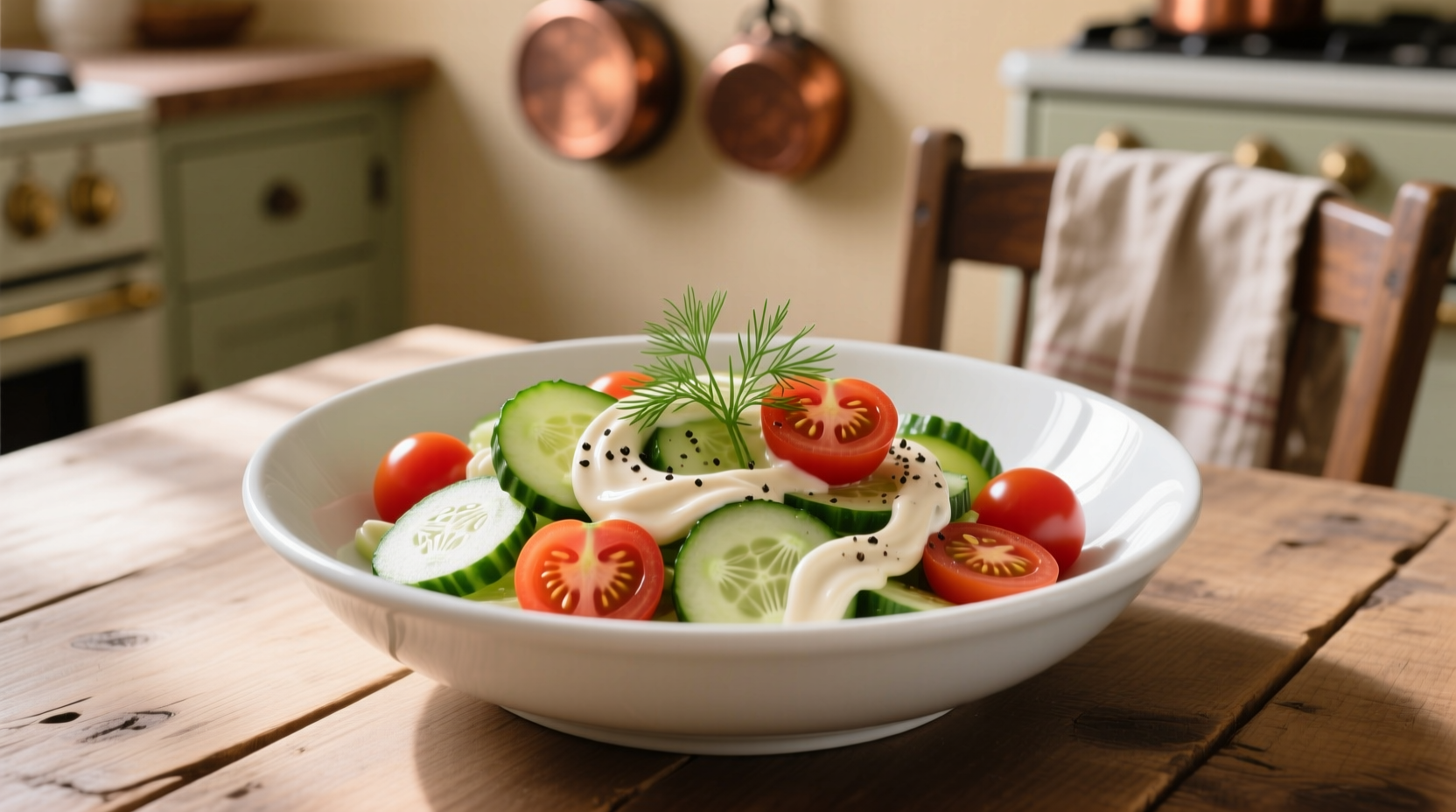 Creamy cucumber tomato salad in white bowl