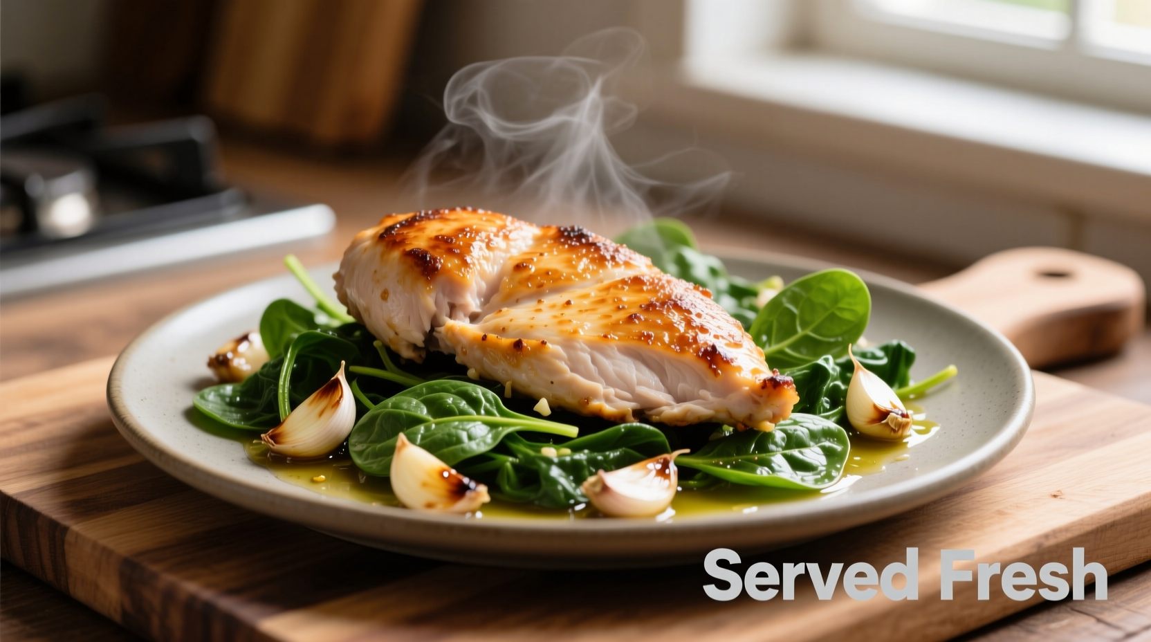 Pan-seared chicken with fresh spinach and garlic