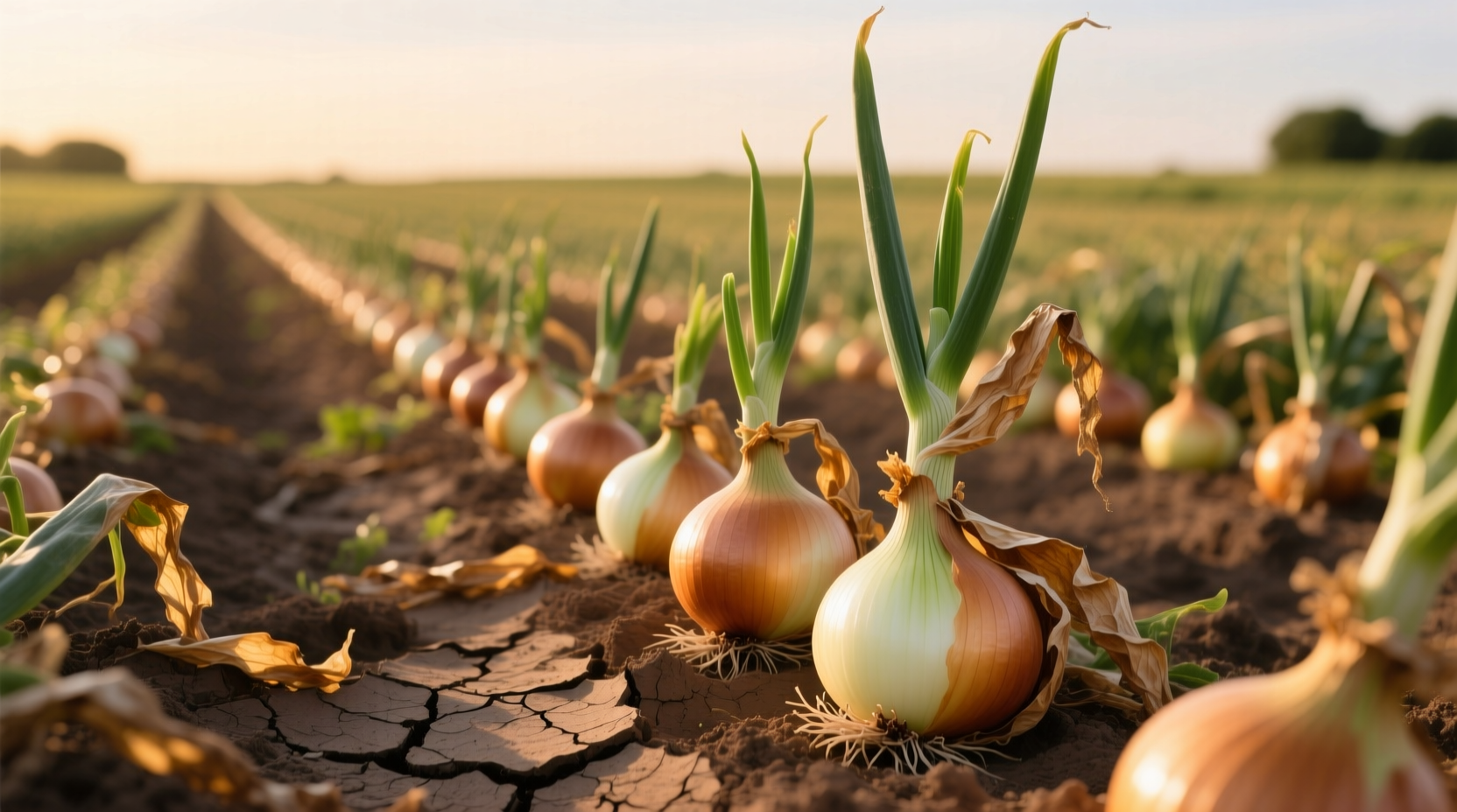 Onion field showing mature bulb development stages