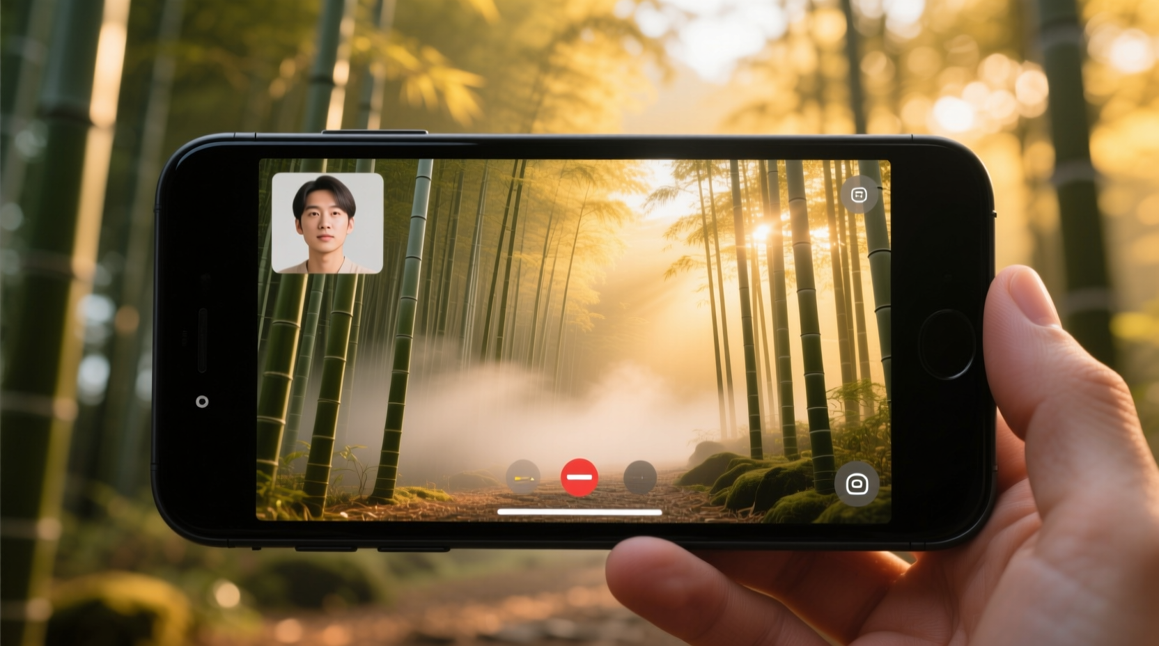 Smartphone showing video call with virtual background