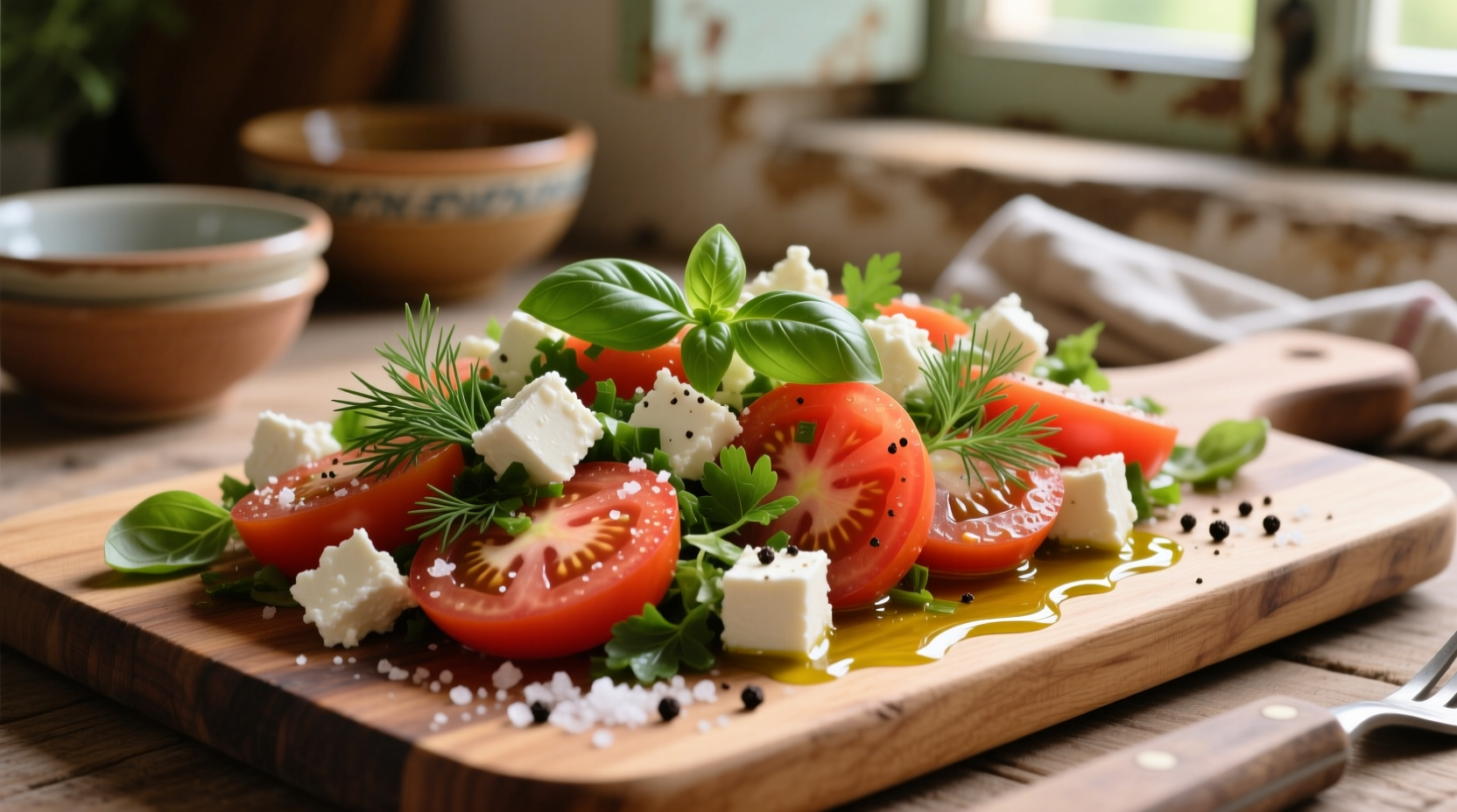 Fresh tomato feta salad with herbs