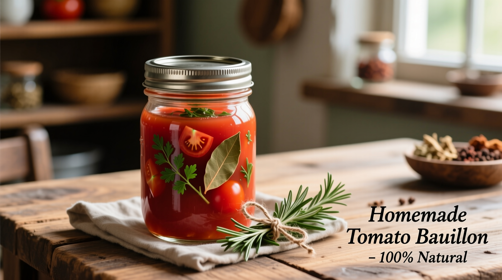 Homemade tomato bouillon in glass jar with fresh herbs