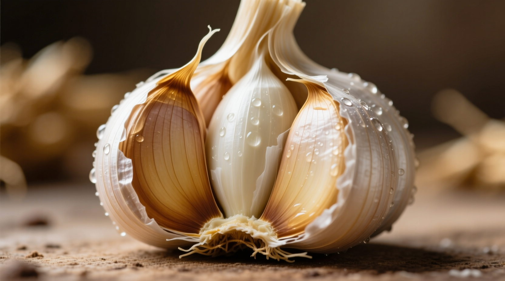 Fresh garlic bulbs with papery skin