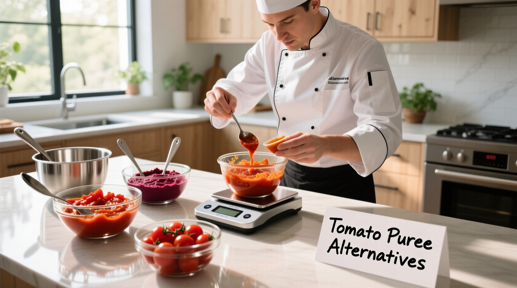 Chef measuring tomato puree alternatives in kitchen