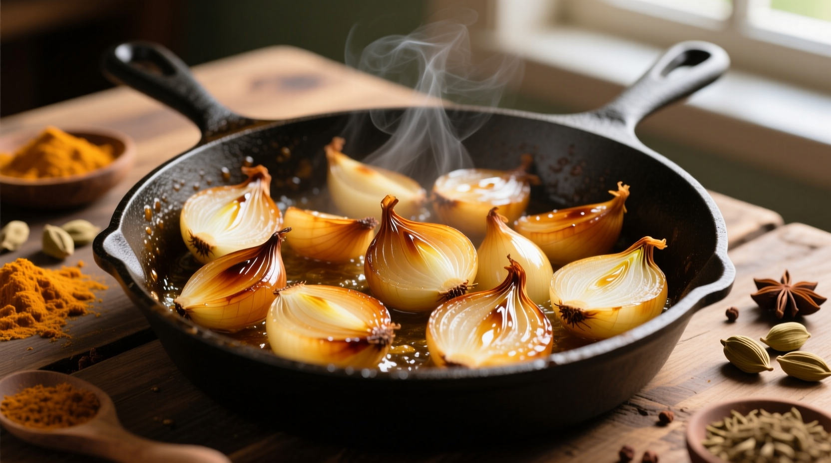 Golden caramelized onions in skillet for curry