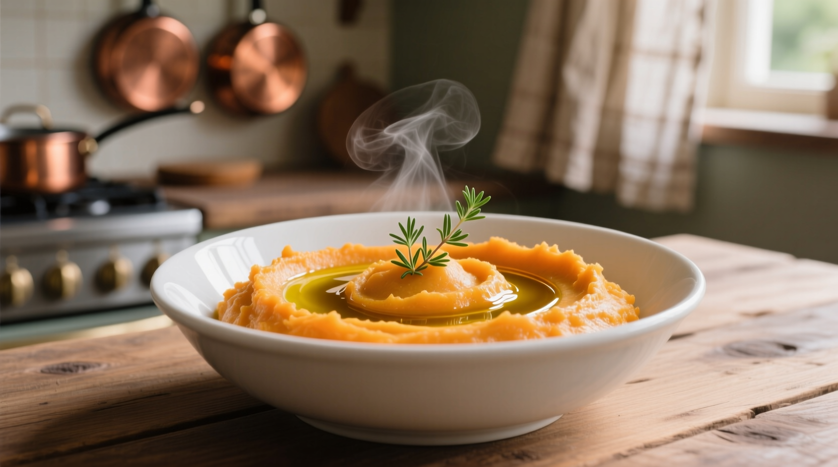 Creamy butternut squash mash in white bowl