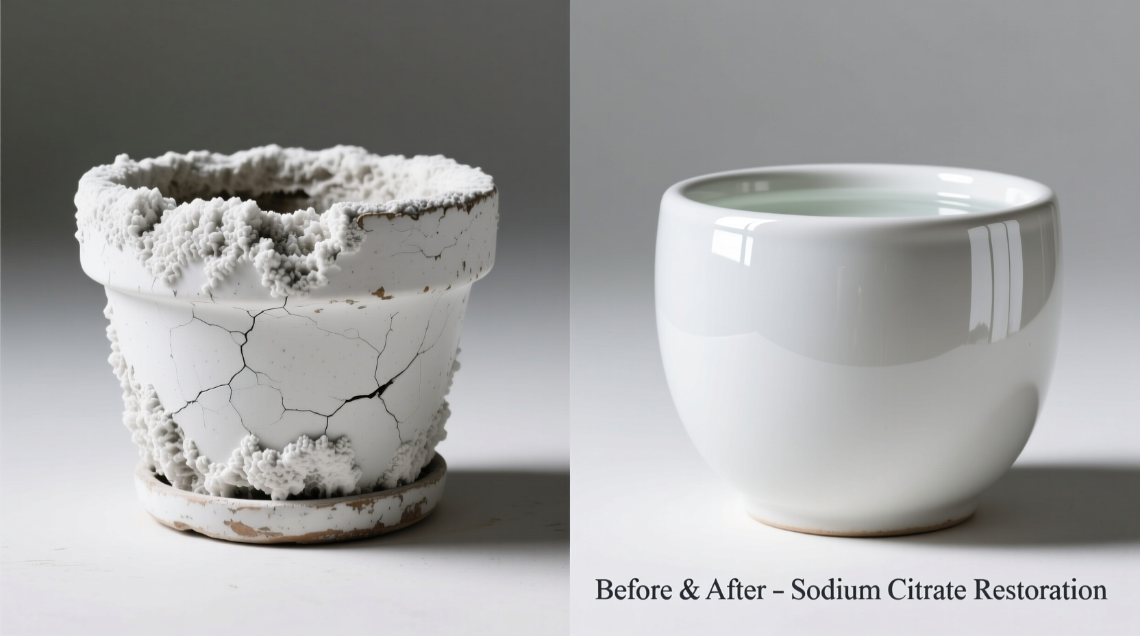 Side-by-side comparison showing a white ceramic planter before treatment (cloudy white mineral crust) and after sodium citrate soak (pristine, reflective glaze restored)