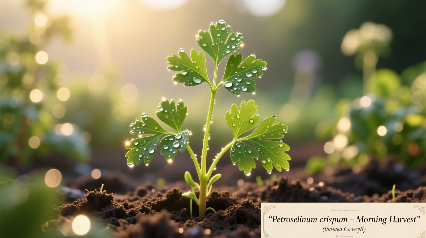 Fresh parsley growing in garden with morning dew