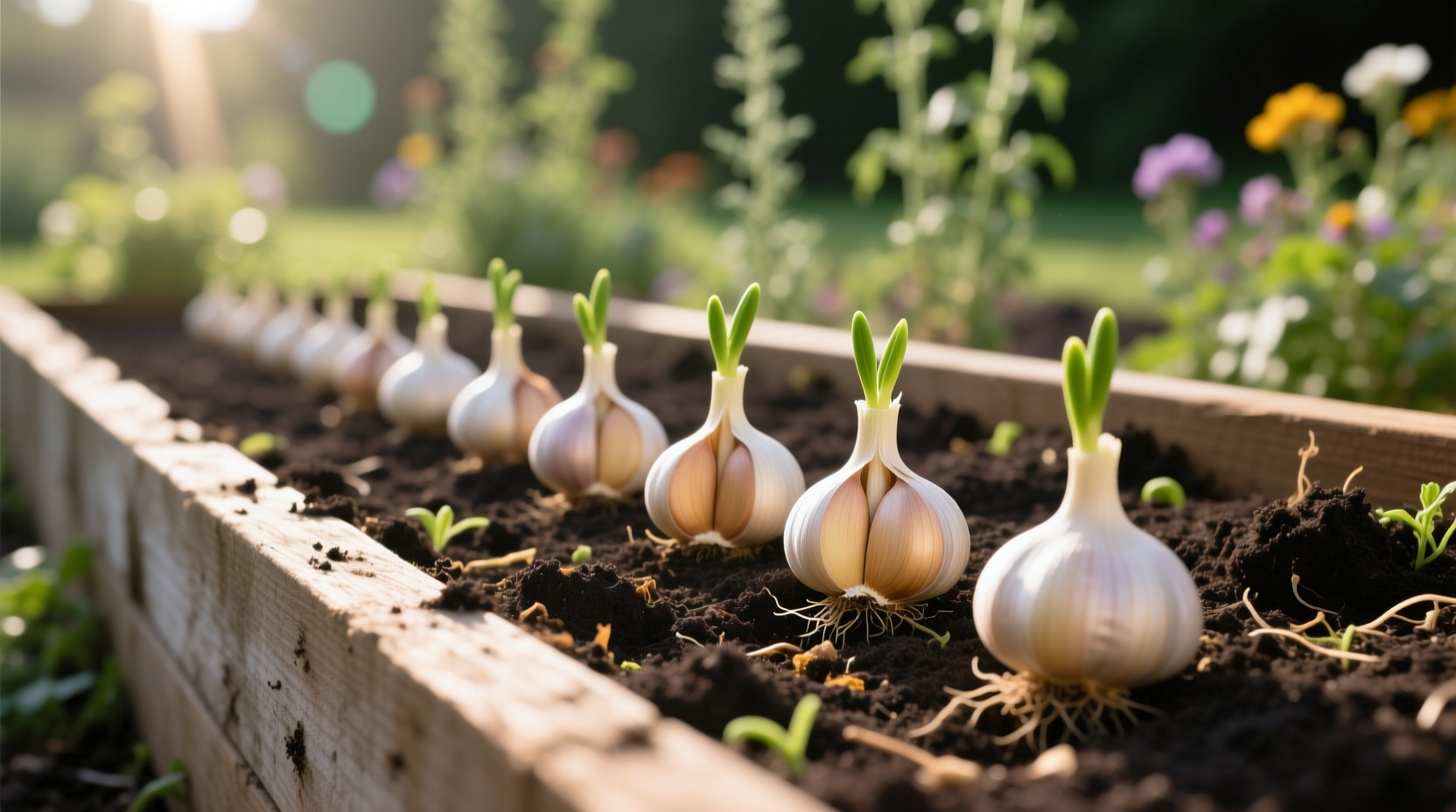 Garlic cloves planted in well-prepared raised bed soil