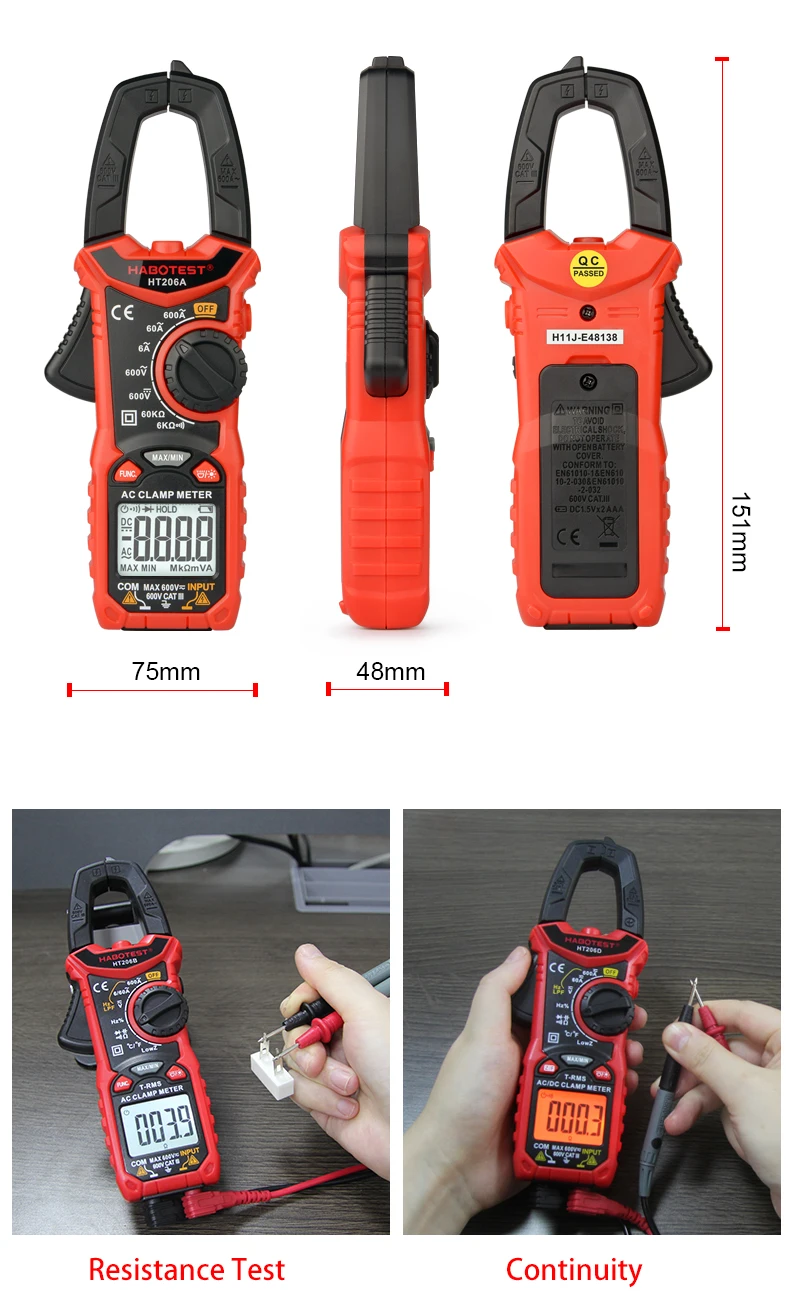 Mini Portable HT206D 193*73*34mm Specification Capacitance Voltage Current Digital Clamp Detector With LPF