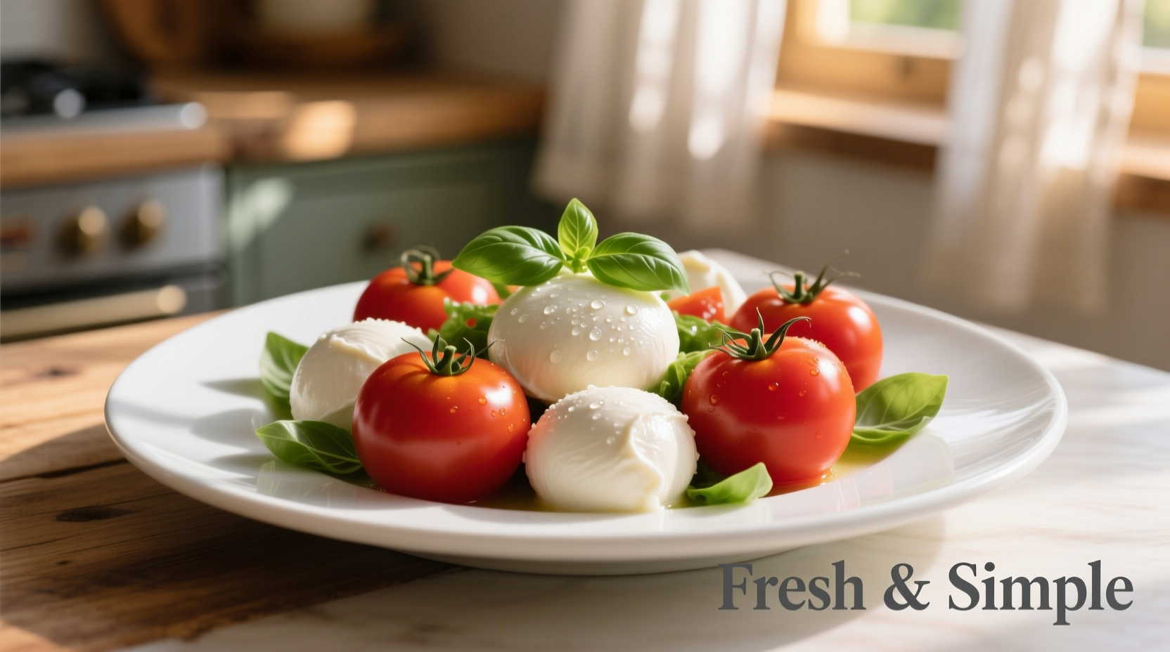 Fresh mozzarella cheese tomato salad on white plate