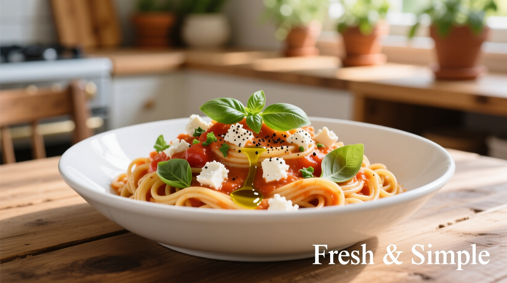 Creamy tomato feta pasta in white bowl with fresh basil