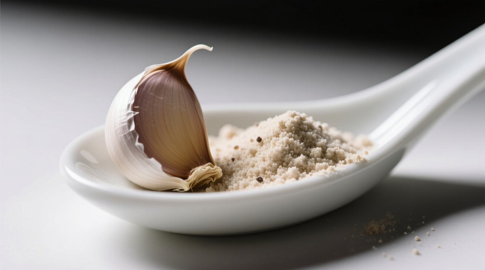 Close-up comparison showing granulated garlic's sandy texture versus garlic powder's fine dust on a white ceramic spoon