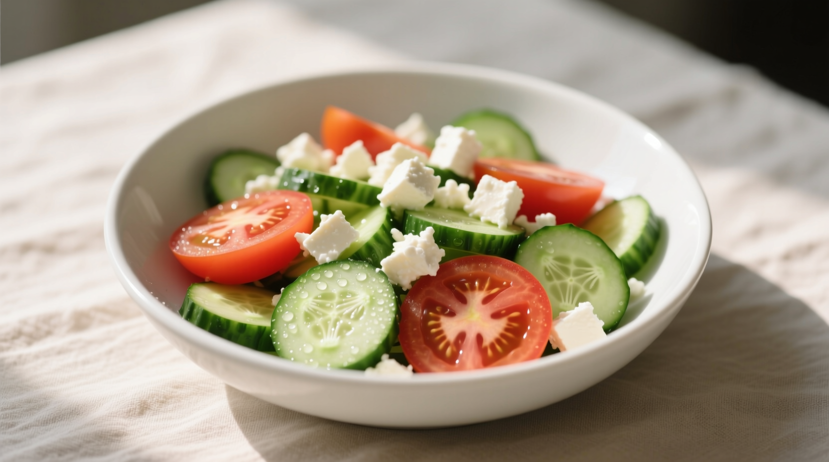 Fresh cucumber tomato feta cheese salad in white bowl