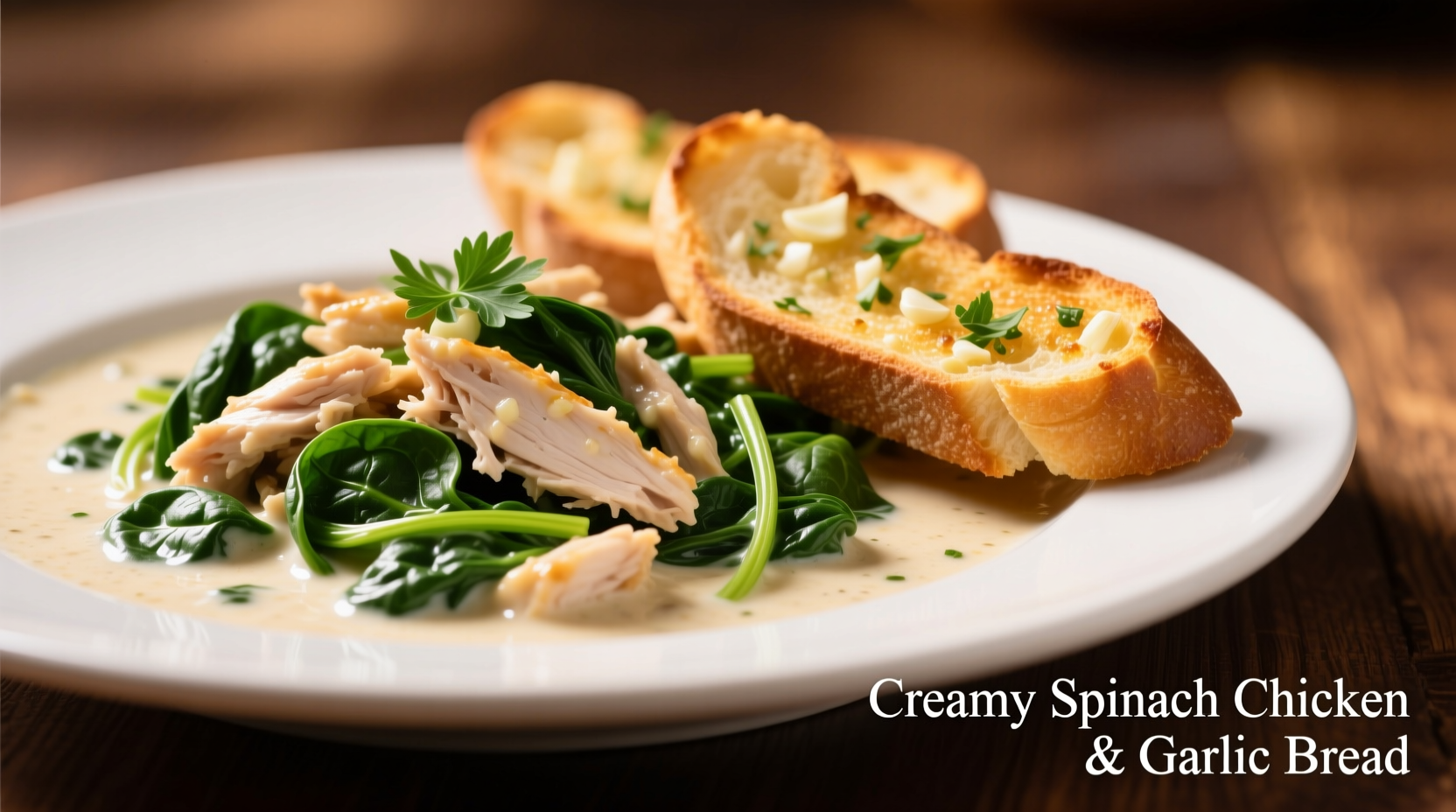 Creamy spinach chicken served with garlic bread