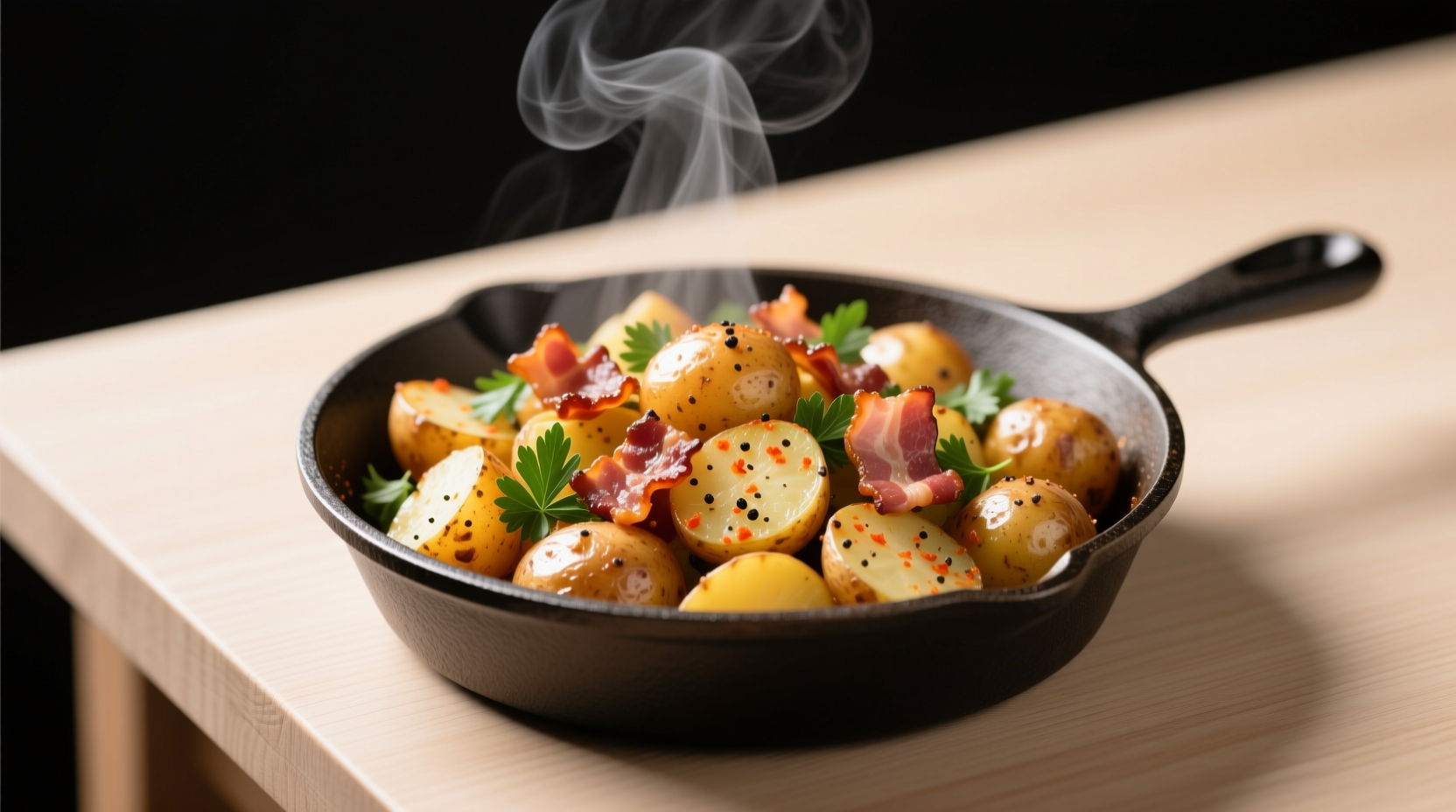 German warm potato salad with crispy bacon and parsley served in cast iron skillet