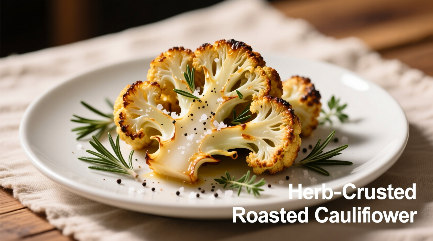 Crispy roasted cauliflower with herbs on white plate