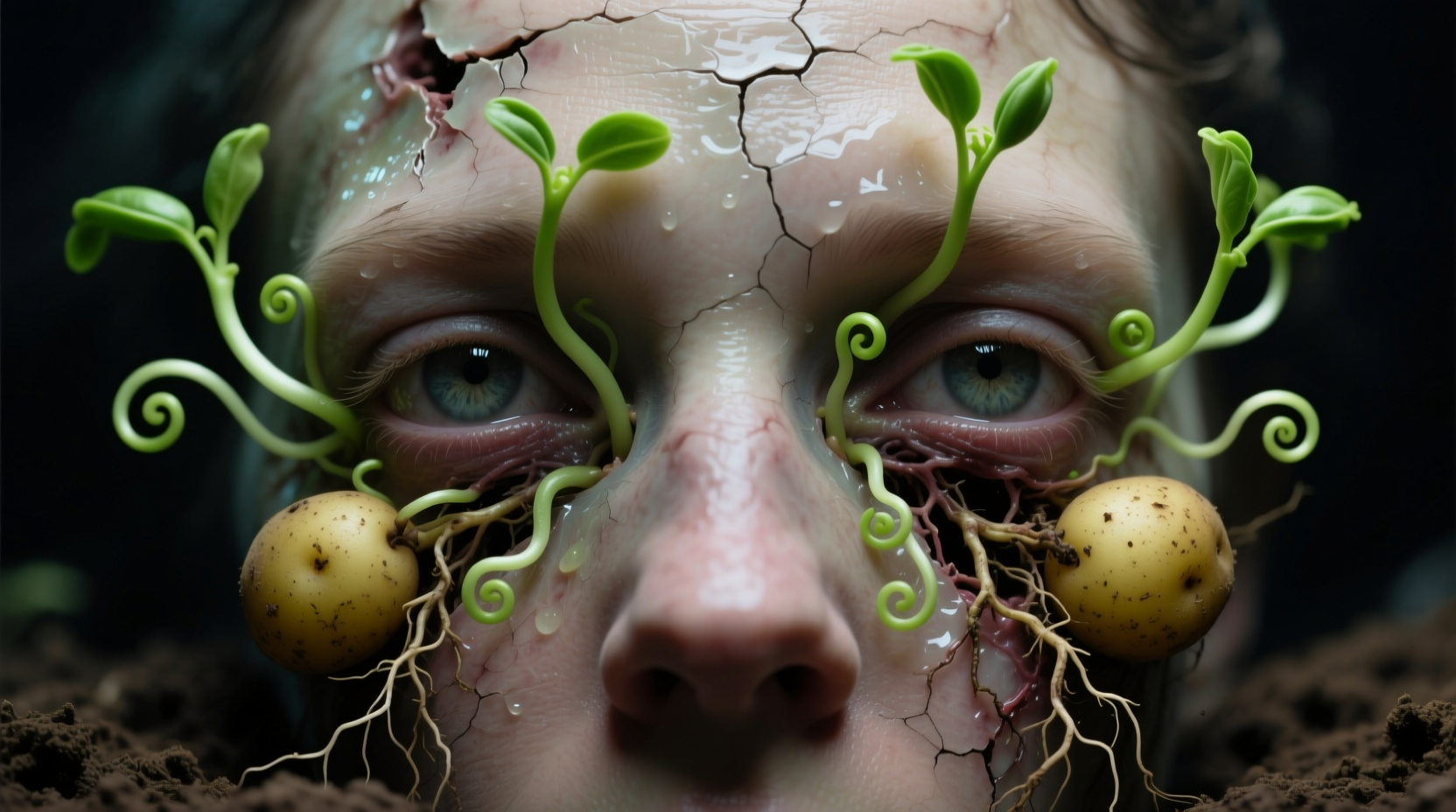 Close-up of potato sprouts emerging from eyes