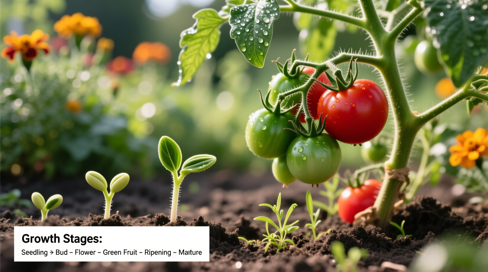 Tomato plant showing different growth stages in garden