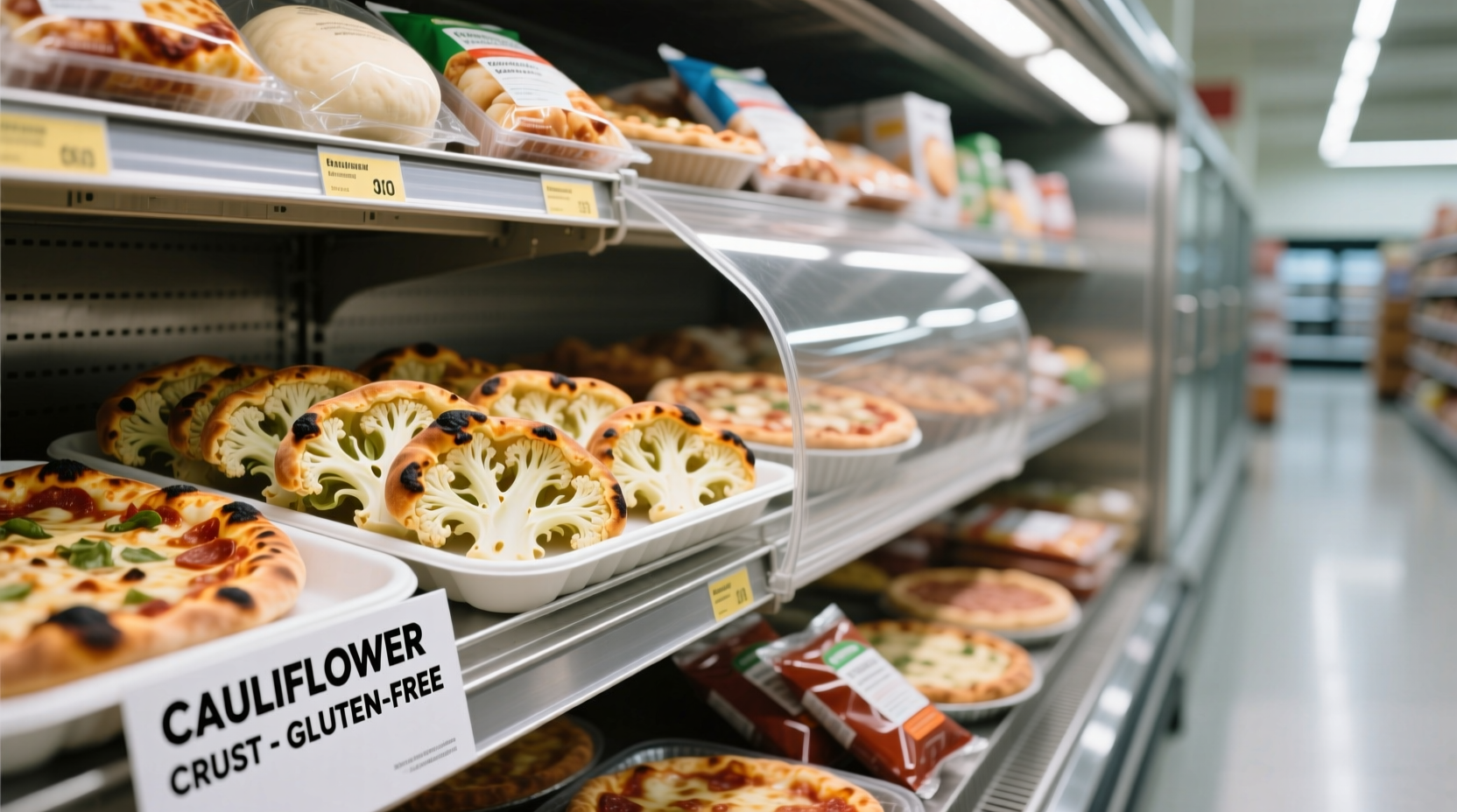 Cauliflower pizza crust options in grocery store freezer