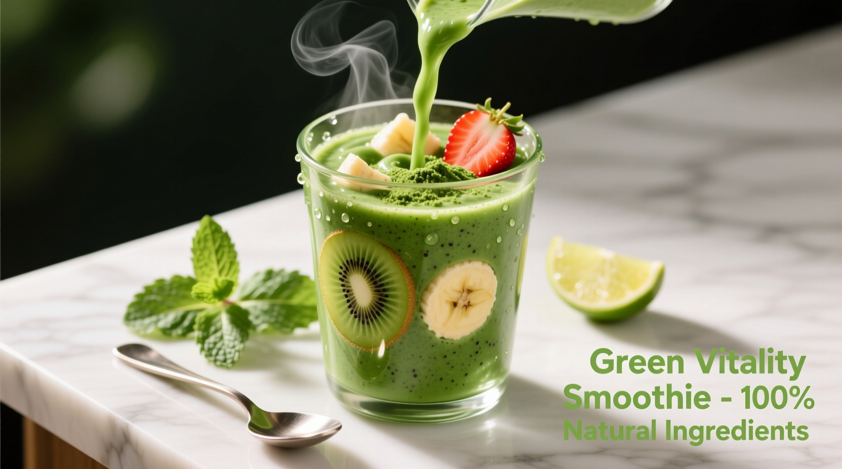 Spinach powder mixed in smoothie with fresh ingredients