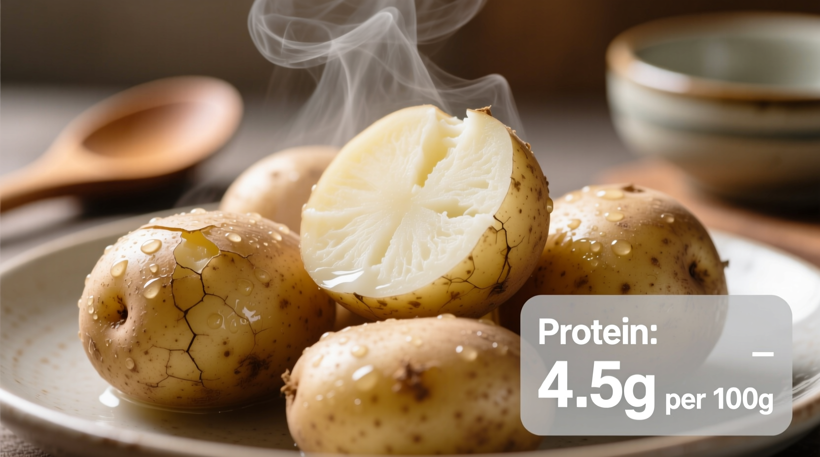 Close-up of boiled potatoes with protein content chart