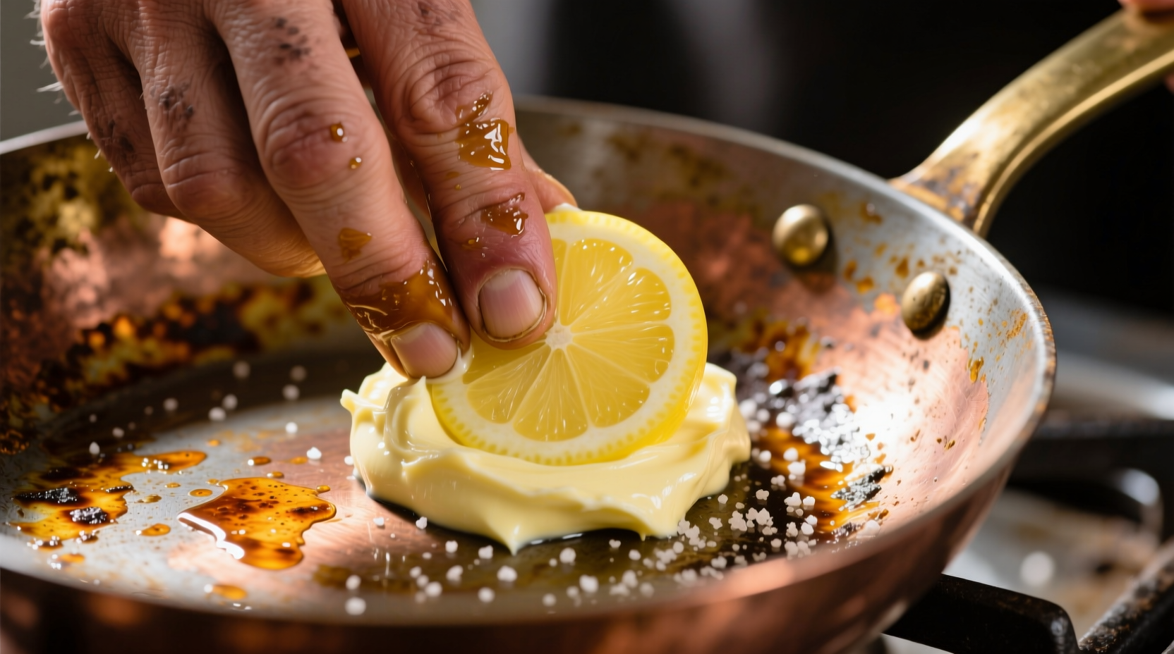 Close-up of a hand applying a pale yellow lemon-salt paste to the curved base of a copper sauté pan, with visible tarnish lifting at the edges while deeper amber patina remains undisturbed