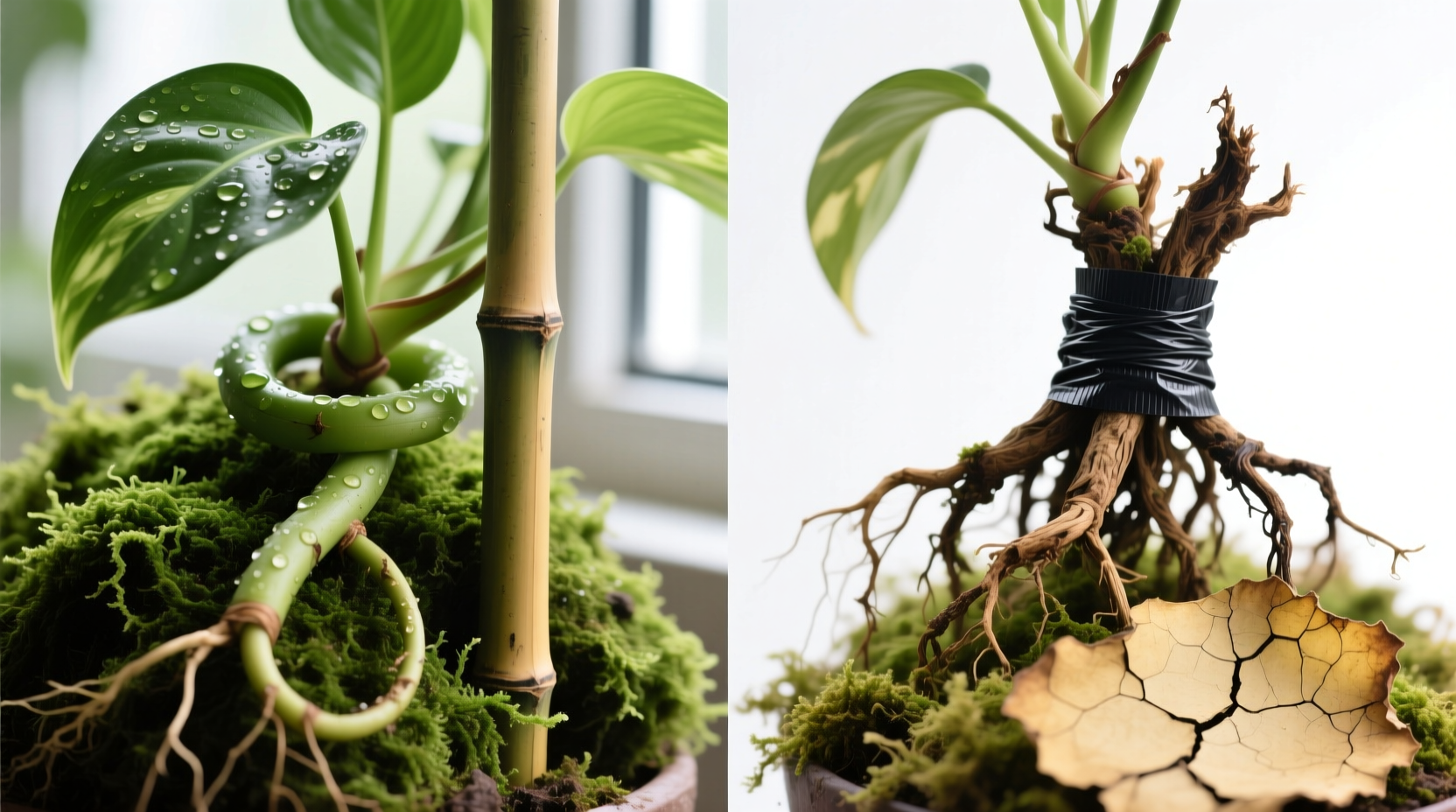 Side-by-side comparison: left shows healthy pothos aerial roots nestled naturally into moist sphagnum moss on a bamboo-supported moss pole; right shows damaged, shriveled roots wrapped tightly with black plastic tape, moss visibly dry and cracked