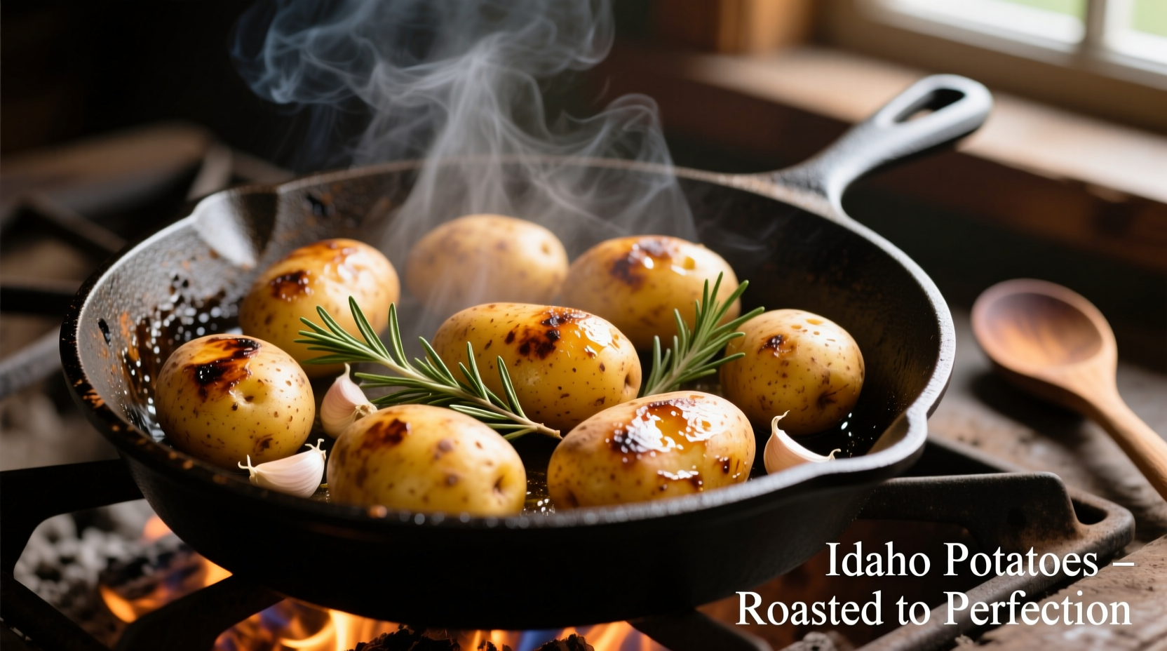 Idaho potatoes roasting in cast iron skillet