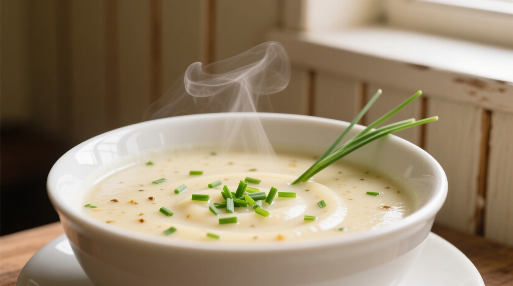 Creamy meatless potato soup in white bowl with chives