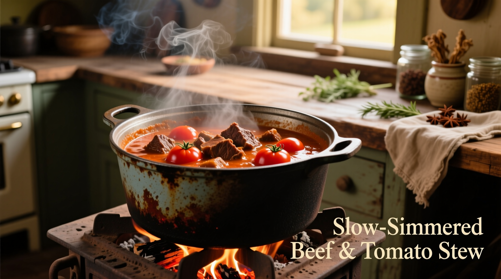 Beef tomato recipe simmering in cast iron pot