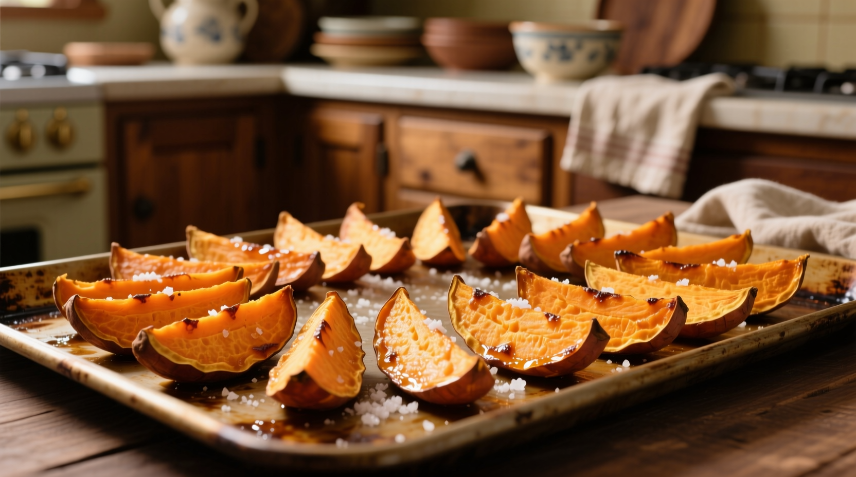 Perfectly golden crispy sweet potato wedges on baking sheet