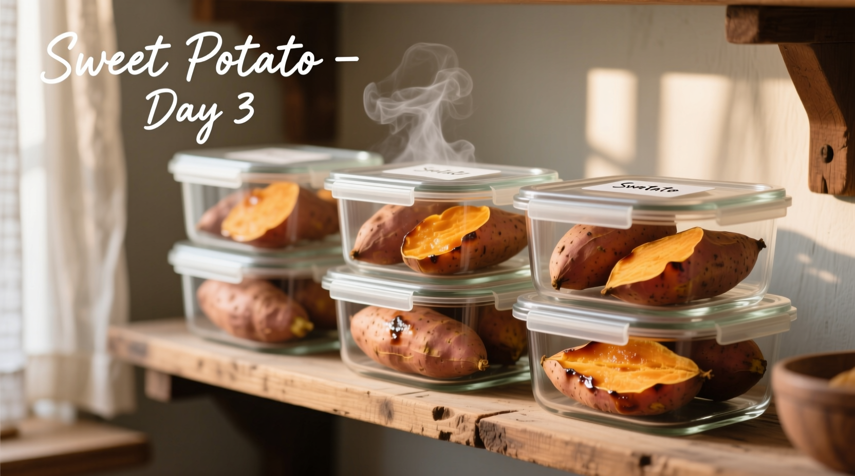 Properly stored cooked sweet potatoes in glass containers