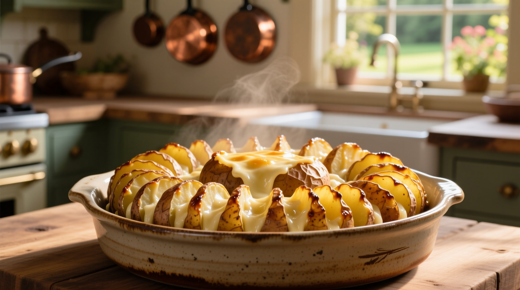 Golden brown crockpot scalloped potatoes in ceramic dish
