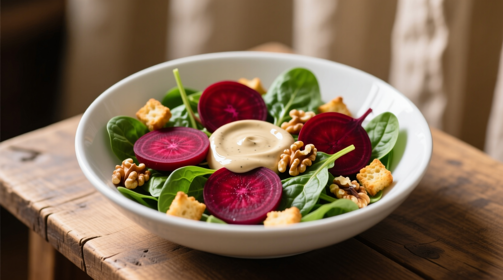 Vibrant beetroot spinach salad in white ceramic bowl