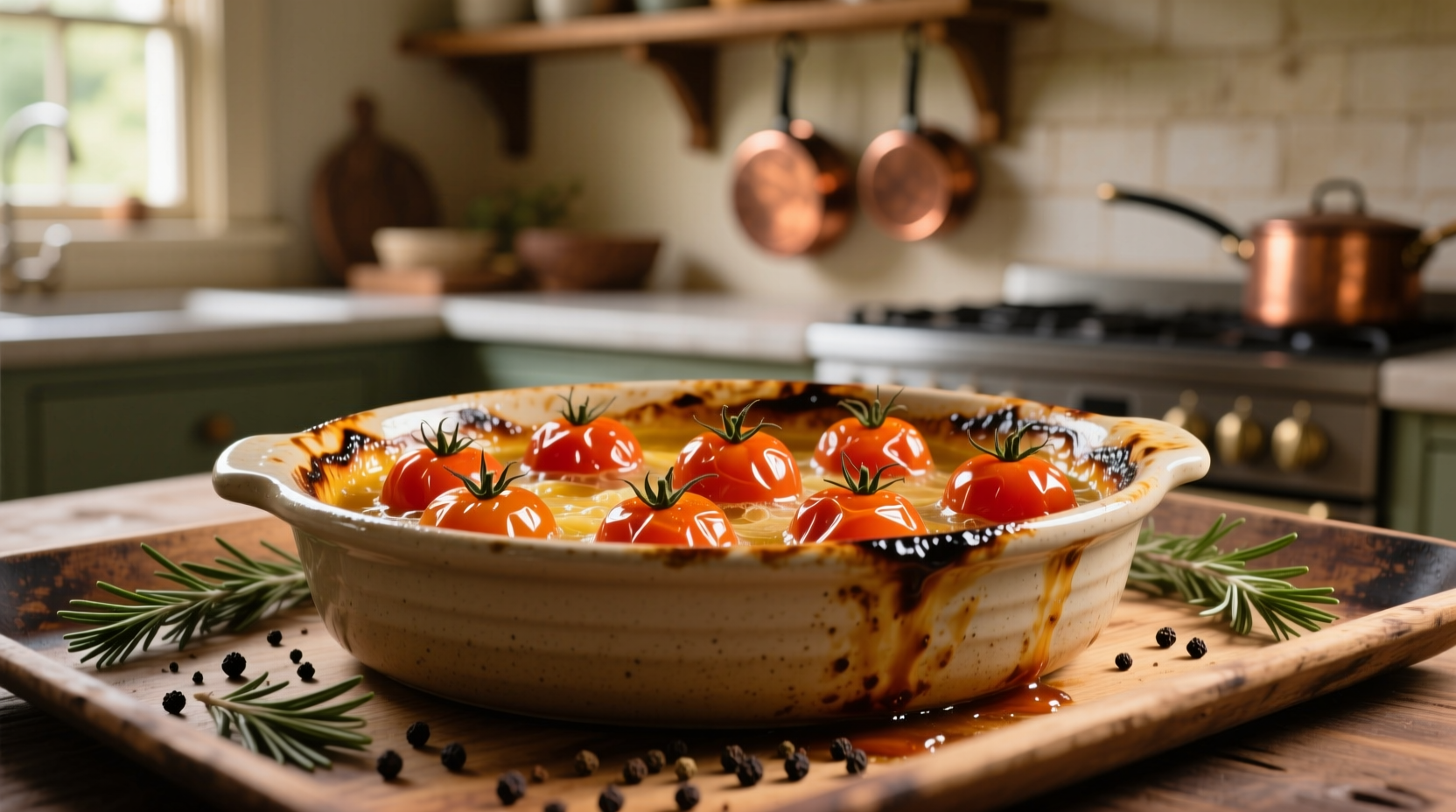 Roasted cherry tomatoes bubbling in oven dish