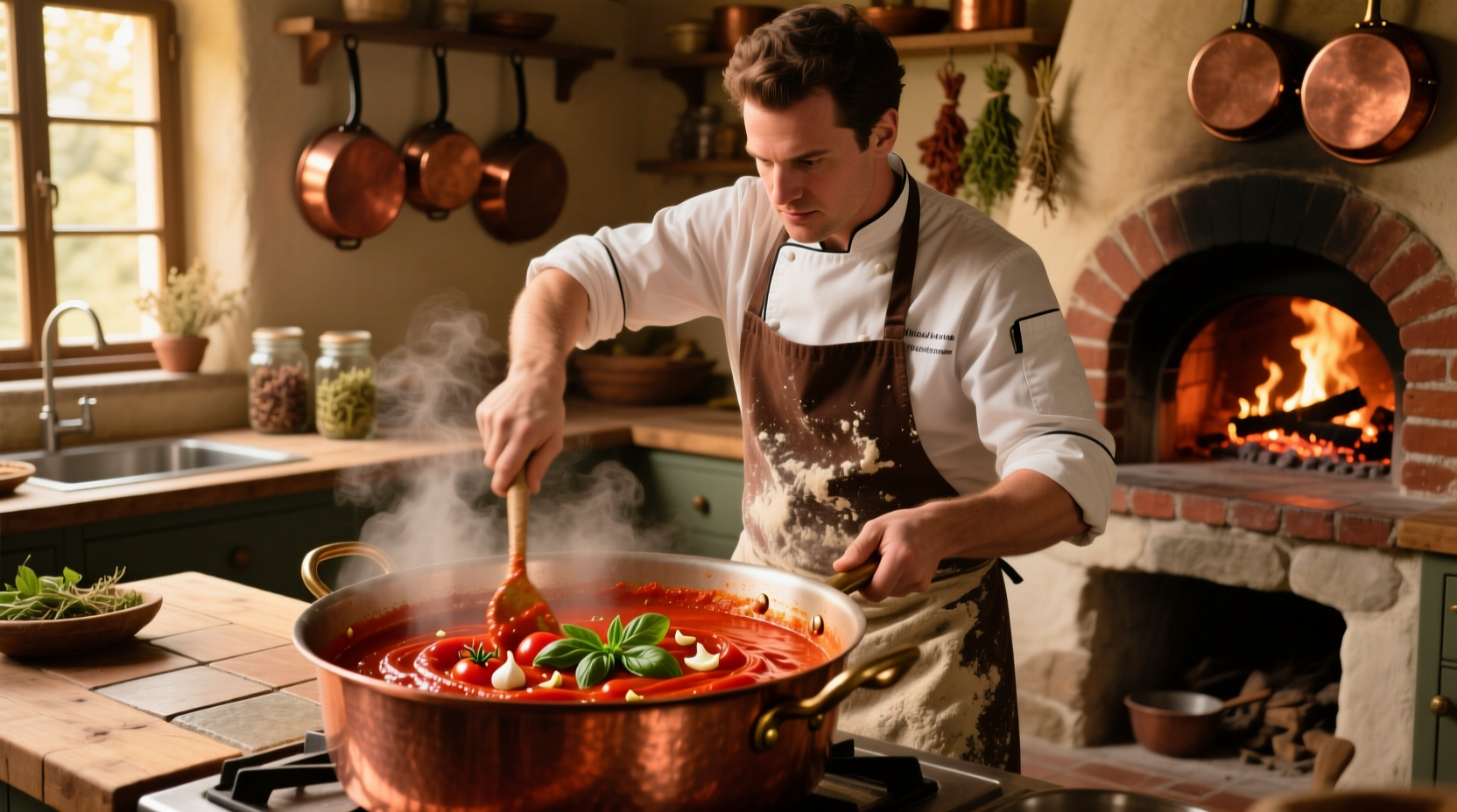 Chef stirring robust tomato sauce in copper pot