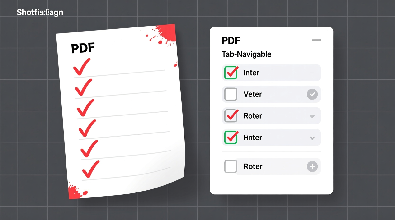 Side-by-side comparison showing a static PDF page with handwritten checkmarks versus the same page with properly embedded, tab-navigable checkbox fields—each labeled, aligned to text, and displaying crisp checked/unchecked states