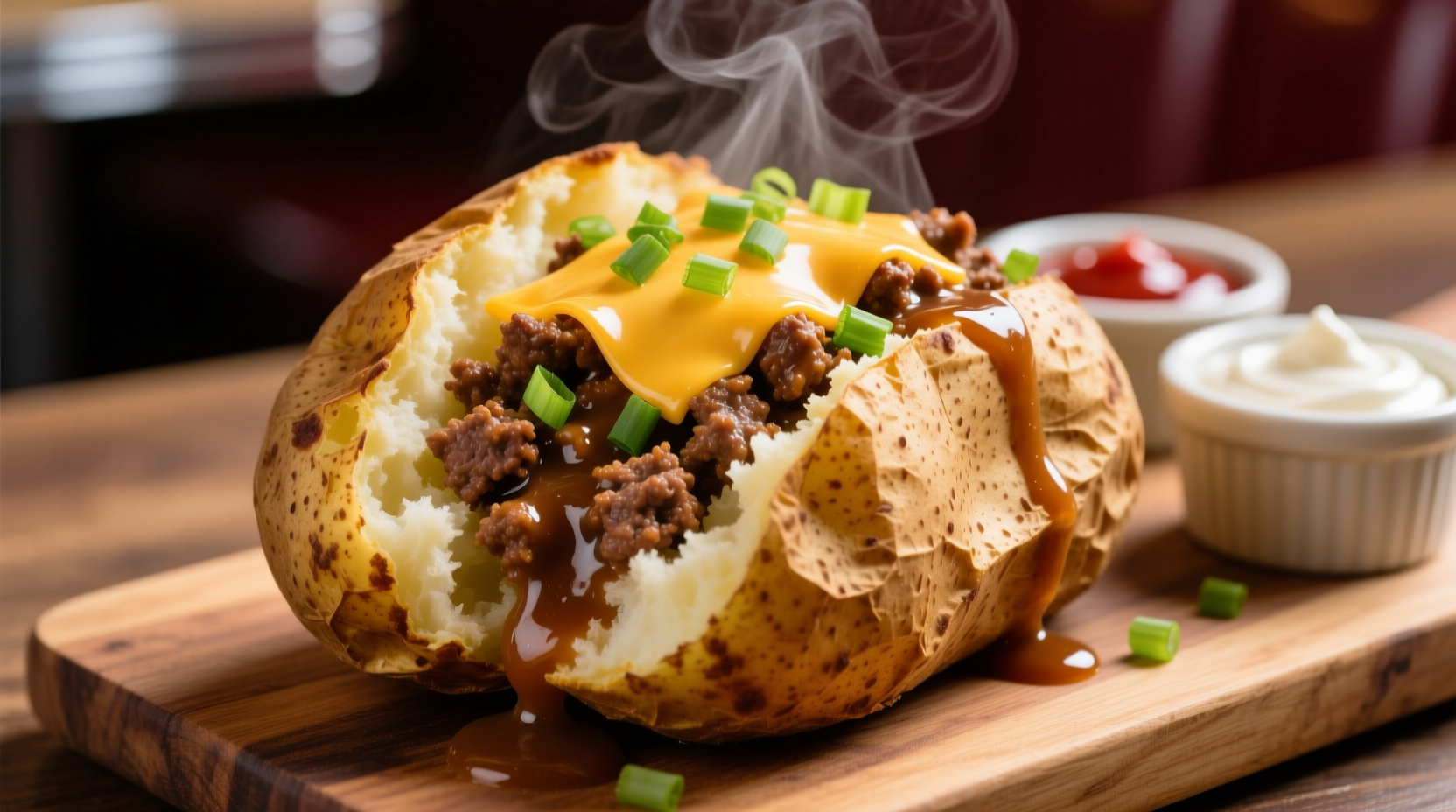 Baked potato with seasoned ground beef and melted cheese